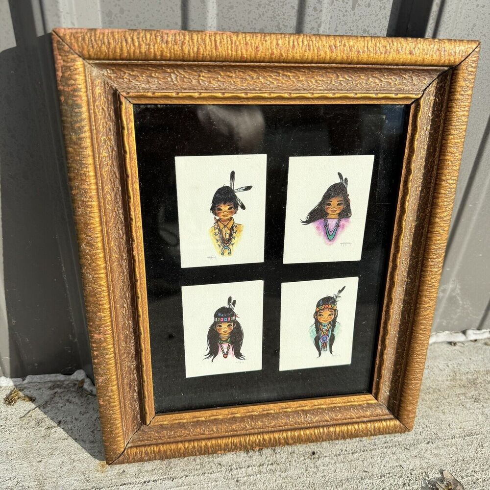 VTG Set 4 Framed Gerda Christoffersen Pastel Prints Indian Native American Girls